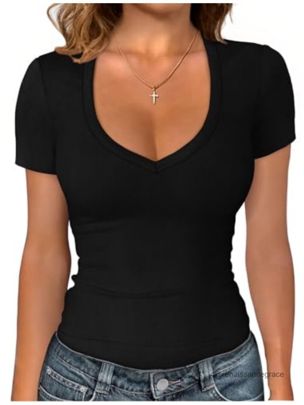 Sampeel Women V Neck Ribbed Short Sleeve Slim Fit Summer Tee